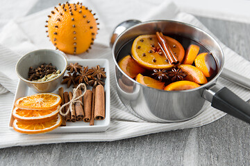 Image showing pot with hot mulled wine, orange slices and spices