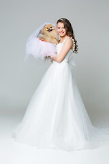 Image showing beautiful bride girl with spitz bride on gray background