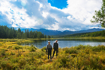 Image showing Woman with boy Lake in the Altai Mountains