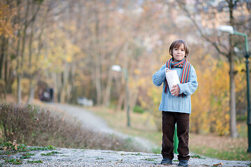 Image showing cute little boy in park eating popcorn