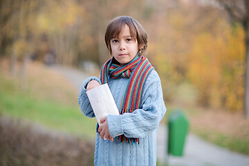 Image showing cute little boy in park eating popcorn