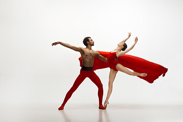 Image showing Young graceful couple of ballet dancers dancing on white studio background
