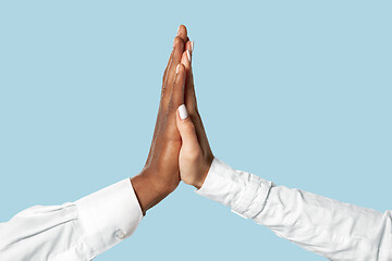 Image showing Two male hands shaking isolated on blue studio background