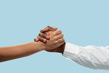 Image showing Two male hands competion in arm wrestling isolated on blue studio background