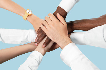 Image showing Male and female hands holding isolated on blue studio background