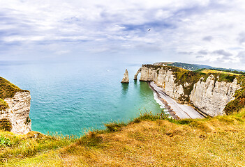 Image showing Panorama of natural chalk cliffs of Etretat