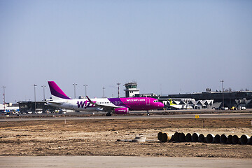 Image showing Wizz Air Airbus after landing at Riga Airport.