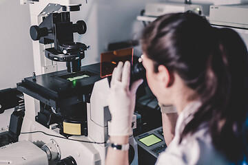 Image showing Life science researcher microscoping in genetic scientific laboratory.