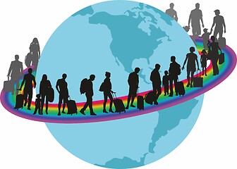 Image showing Travelers - Migrantson on rainbow around the earth