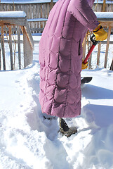 Image showing Female shoveling snow.