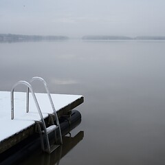 Image showing wooden pier and ladder on the lake covered with snow