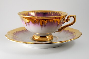 Image showing empty porcelain tea cup with gilding on a white backdrop