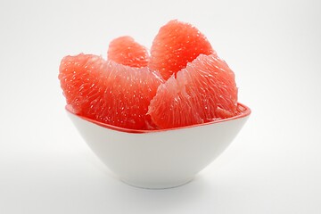 Image showing juicy red grapefruit slices in a bowl on a white 