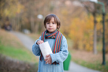 Image showing cute little boy in park eating popcorn