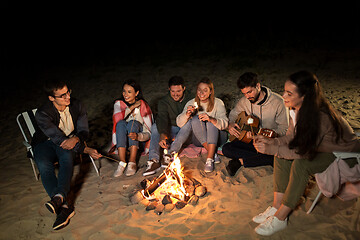 Image showing friends roasting marshmallow on camp fire on beach