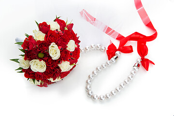 Image showing bridal bouquet with red and white roses