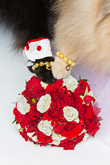 Image showing dog wedding couple paws on bouquet