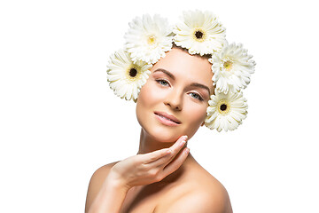 Image showing beautiful girl with white flowers on head