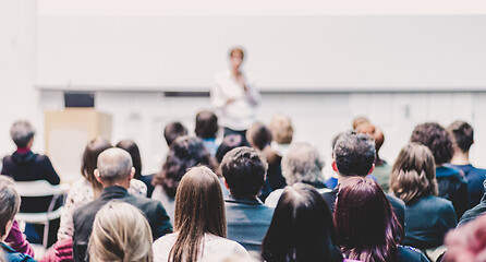 Image showing Woman giving presentation on business conference.