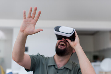 Image showing man with beard trying vr glasses