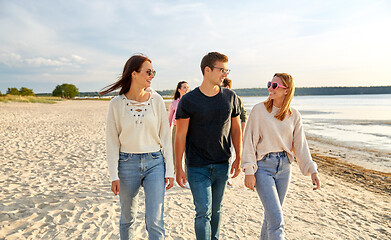 Image showing happy friends walking along summer beach