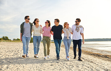 Image showing happy friends walking along summer beach