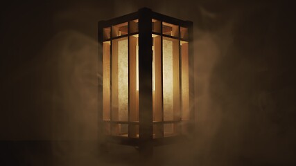 Image showing Lamp made out of wood against dark background with smoke
