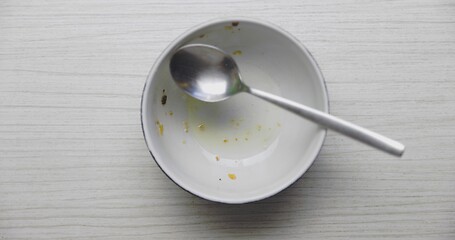 Image showing Used bowl without food dropping spoon into it in slow motion from 120fps closeup