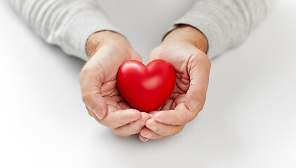 Image showing close up of senior man holding red heart in hands