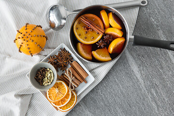 Image showing pot with hot mulled wine, orange slices and spices