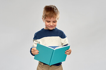 Image showing smiling little boy reading book