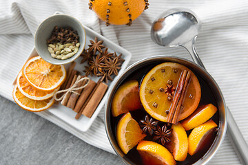 Image showing pot with hot mulled wine, orange slices and spices