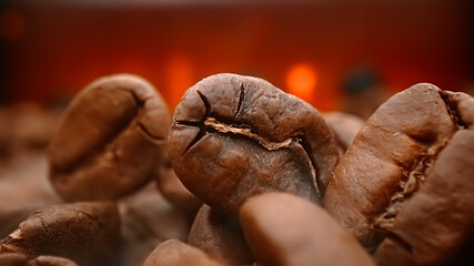 Image showing Close up of seeds of coffee. Fragrant coffee beans are roasted s