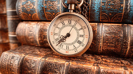 Image showing Vintage pocket watch. Vintage background Concept of time history