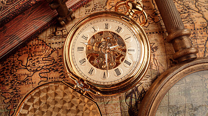 Image showing Vintage pocket watch. Vintage background Concept of time history