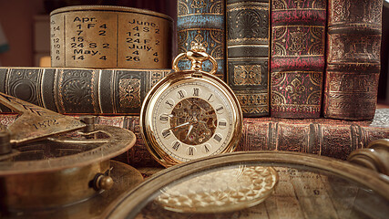 Image showing Vintage pocket watch. Vintage background Concept of time history