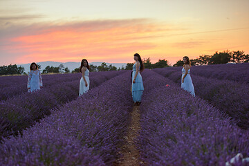 Image showing group of famales have fun in lavender flower field