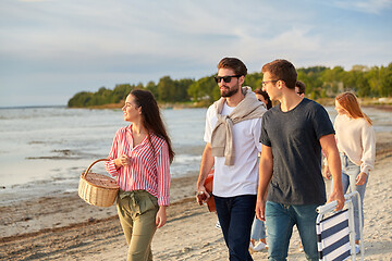 Image showing happy friends walking along summer beach