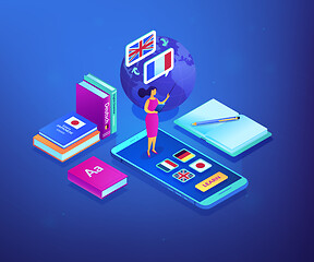 Image showing Online language school isometric 3D concept illustration.