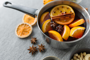 Image showing pot with hot mulled wine, orange slices and spices