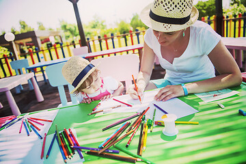 Image showing mom and little daughter drawing a colorful pictures