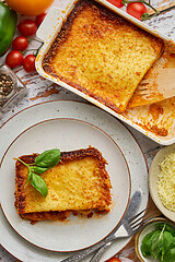 Image showing Delicious lasagne bolognese with pepper, tomato and cheese