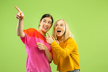 Image showing Portrait of pretty girls isolated on green studio background