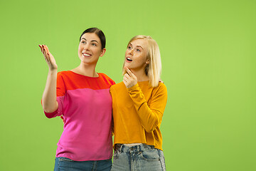 Image showing Portrait of pretty girls isolated on green studio background