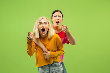 Image showing Portrait of pretty girls isolated on green studio background