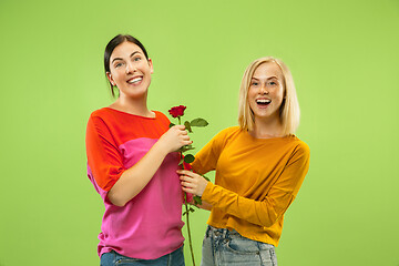 Image showing Portrait of pretty girls isolated on green studio background