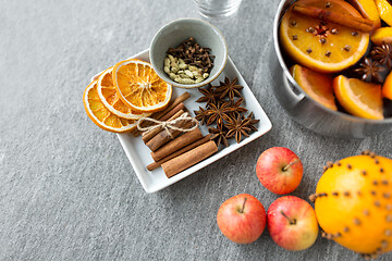 Image showing pot of hot mulled wine, orange, apples and spices