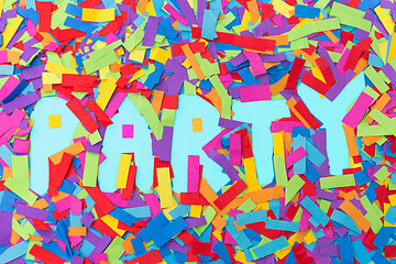 Image showing word party made of confetti decoration on blue