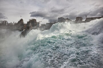 Image showing Rhine Falls waterfall in Switzerland, powerful flow in slow motion