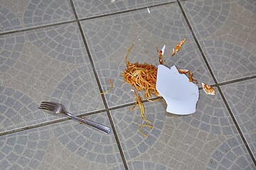 Image showing Fallen plate of pasta in the kitchen floor